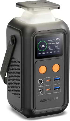 AsperX Portable Power Station, 192Wh LiFePO4 Battery with 200W Output, Dual 140W PD3.1 Fast Charging, Smart Display, 60,000mAh DC Laptop Power Bank Station for Outdoor Travel, Camping, Home, Emergency