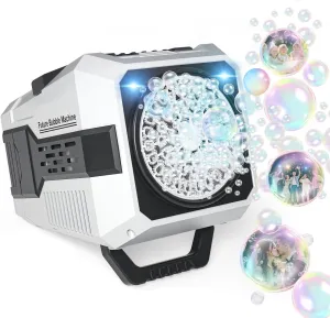 Automatic Bubble Machine with 2 Speeds and Lights, 20000  Bubbles Per Minute Bubble Blower Toys Powered by Power Bank, Batteries or Plugin, Bubble Maker for Summer Outdoor Play and Parties White