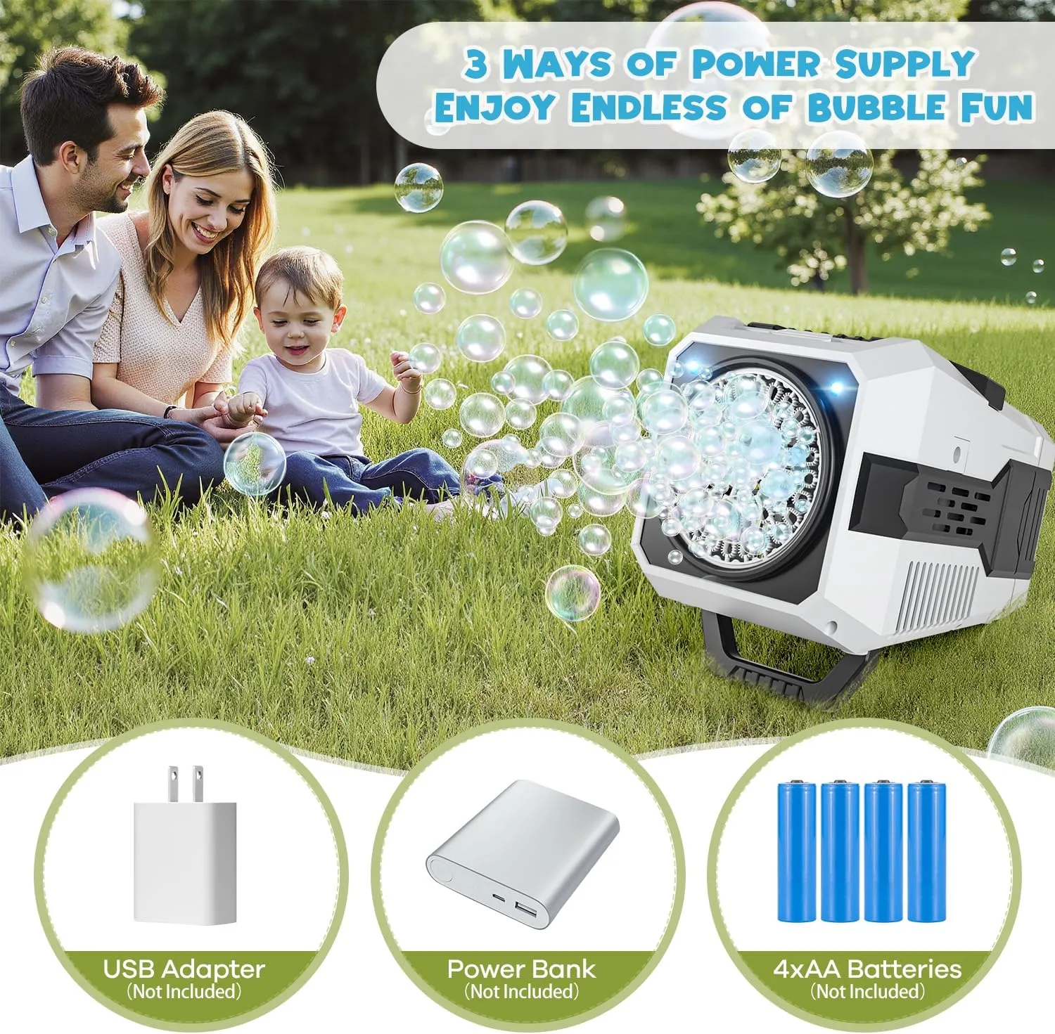 Automatic Bubble Machine with 2 Speeds and Lights, 20000  Bubbles Per Minute Bubble Blower Toys Powered by Power Bank, Batteries or Plugin, Bubble Maker for Summer Outdoor Play and Parties White