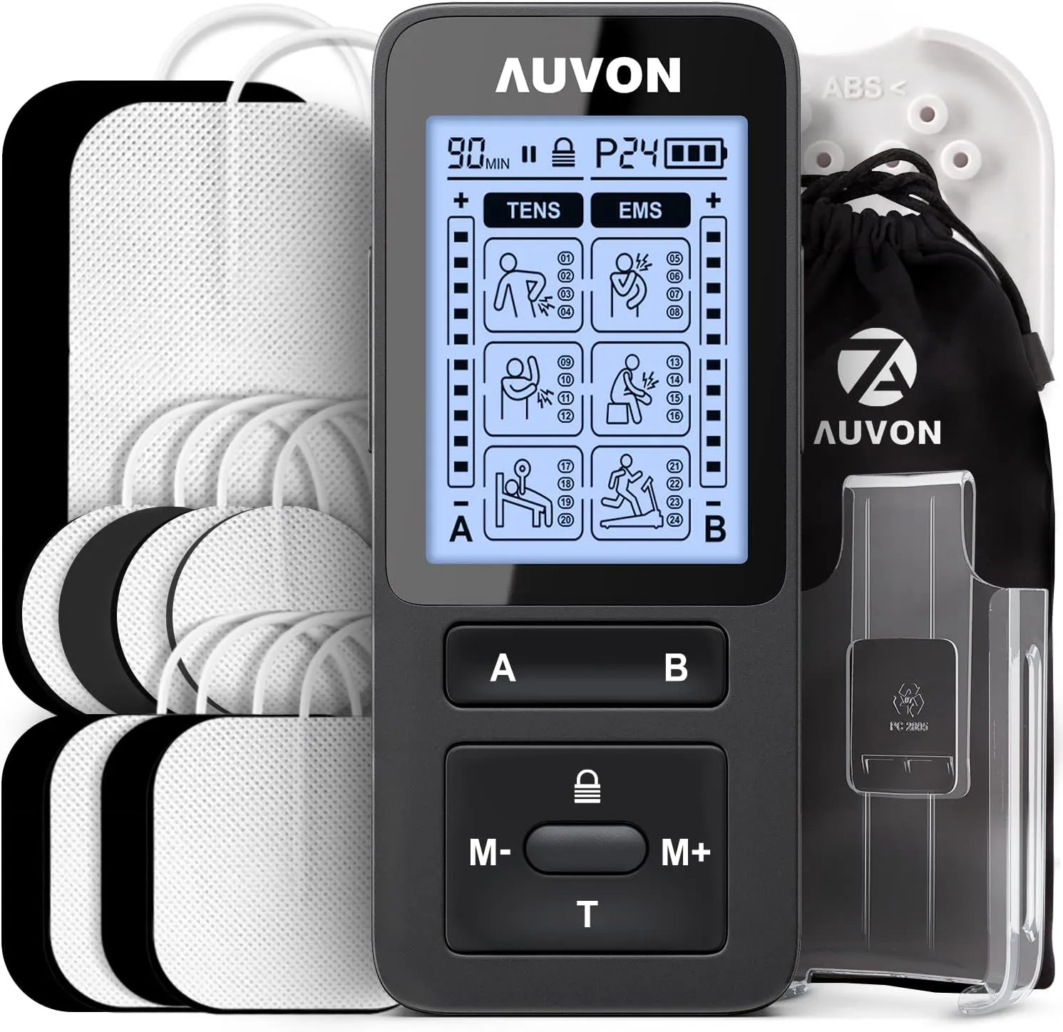 AUVON 24 Modes Dual Channel TENS Unit Muscle Stimulator with 2X Battery Life, Rechargeable TENS Machine for Pain Relief, Belt Clip, Continuous Time Setting, Portable Bag, Cable Ties, 10 Electrode Pads