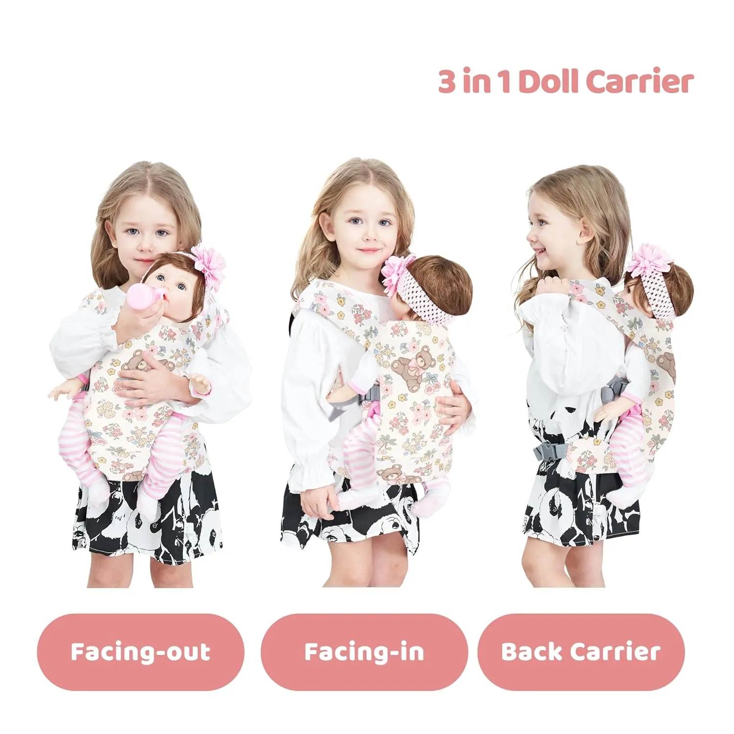 Baby Doll Carrier Front and Back Baby Doll Accessories Backpack Kid Toddlers Play Toy Baby Carriers for Babydoll Pretend with Adjustable Straps for Little Girls (Bear)