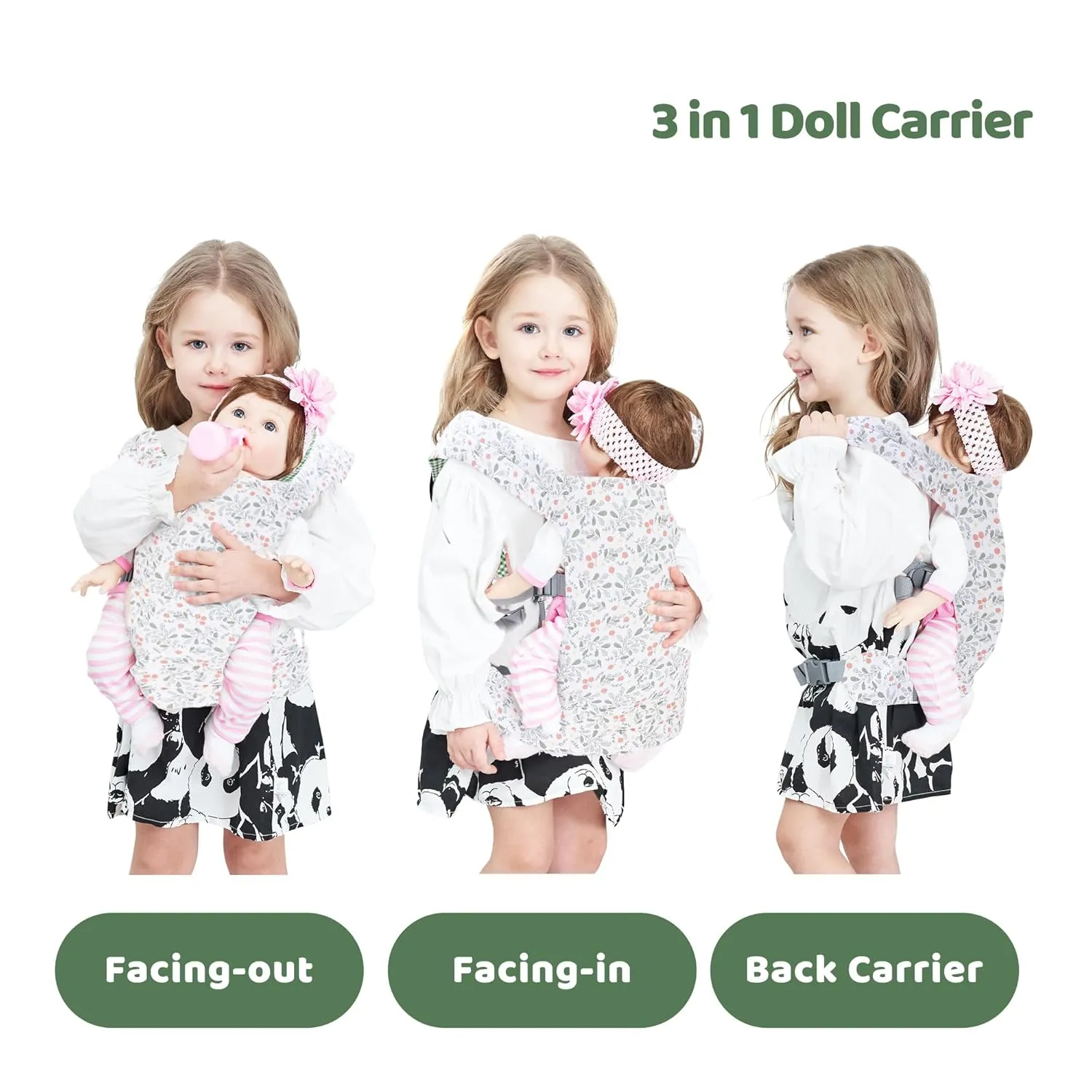 Baby Doll Carrier Front and Back Baby Doll Accessories Backpack Kid Toddlers Play Toy Baby Carriers for Babydoll Pretend with Adjustable Straps for Little Girls (Leaves)