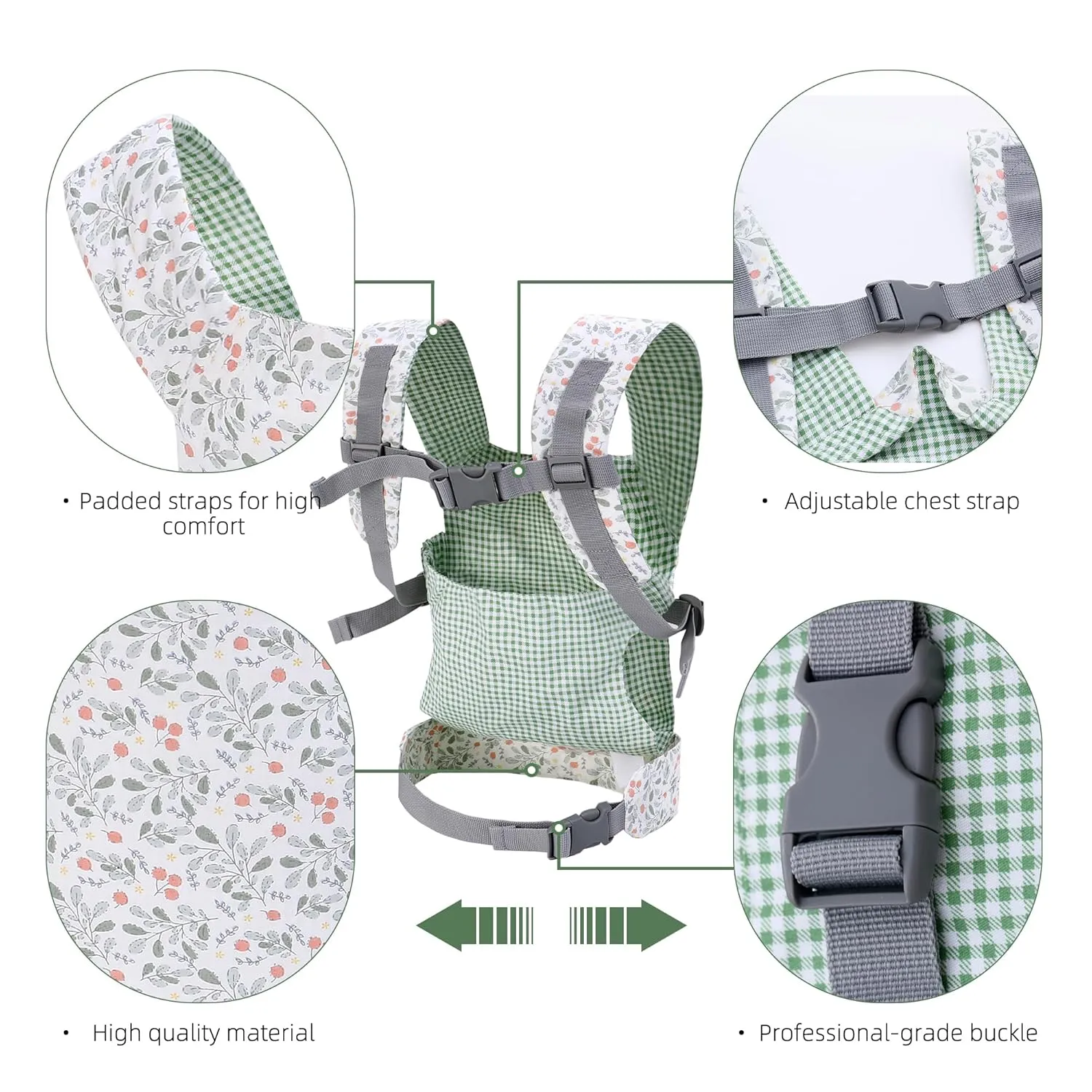 Baby Doll Carrier Front and Back Baby Doll Accessories Backpack Kid Toddlers Play Toy Baby Carriers for Babydoll Pretend with Adjustable Straps for Little Girls (Leaves)