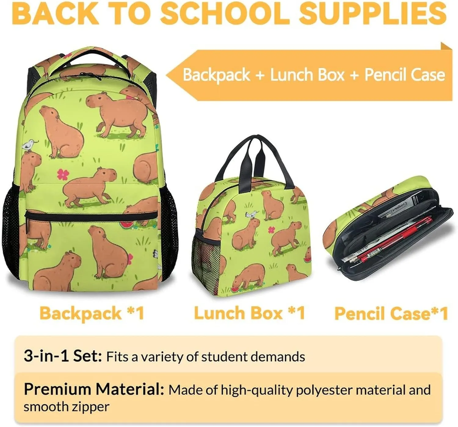 Backpack with Lunch Box and Pencil Case, Set of 3 Cute Bookbag for Girls Boys, Lightweight Large Capacity School Bag