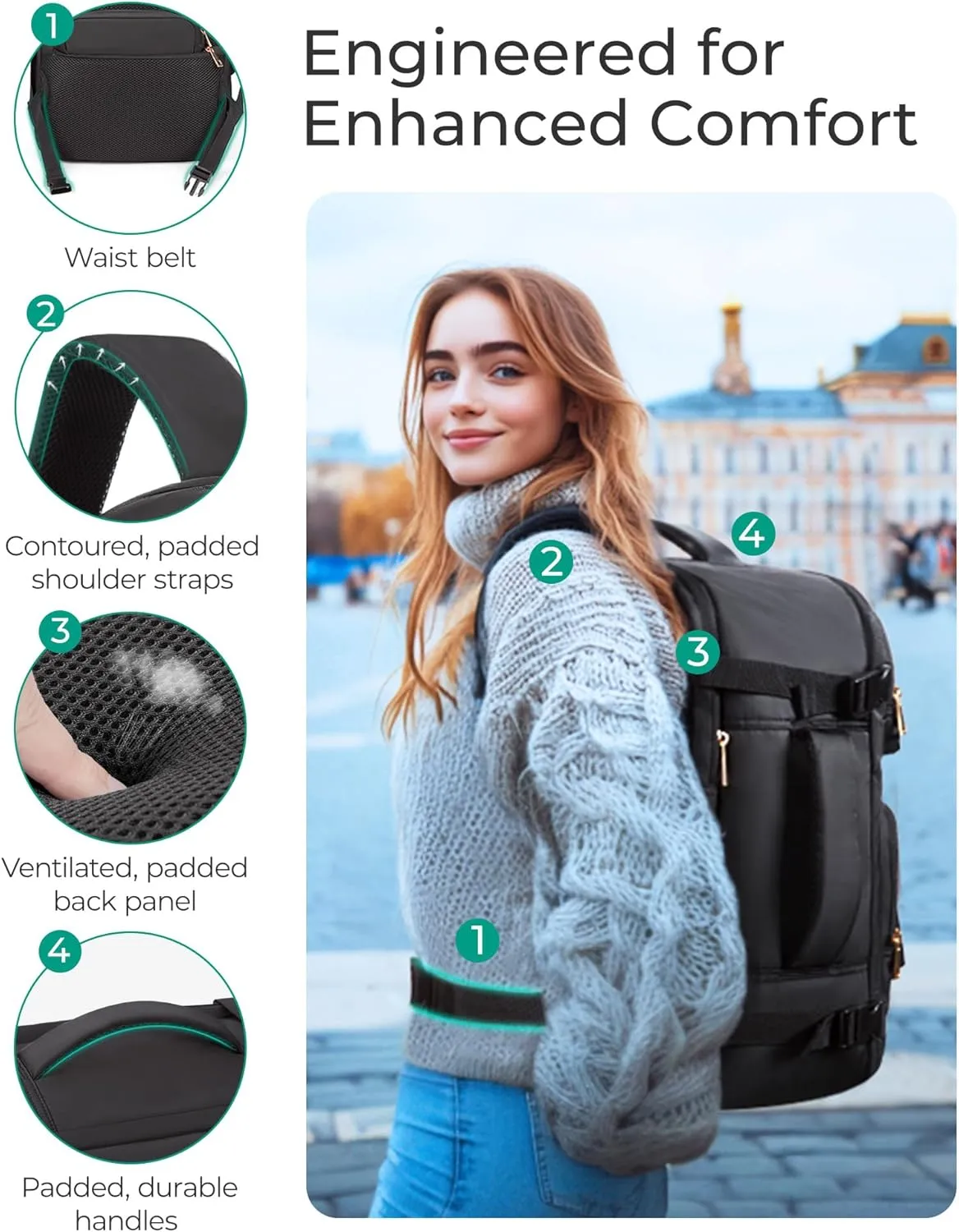 BAGSMART Womens Backpack Carry On Flight Approved, Travel Backpack for Women with Waist Bag,Traveling Lightweight Weekender Casual Daypack 17.3" Laptop Work Back pack Personal Item Bag,Champagne