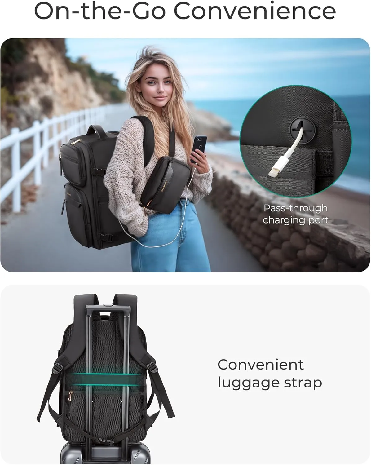 BAGSMART Womens Backpack Carry On Flight Approved, Travel Backpack for Women with Waist Bag,Traveling Lightweight Weekender Casual Daypack 17.3" Laptop Work Back pack Personal Item Bag,Champagne