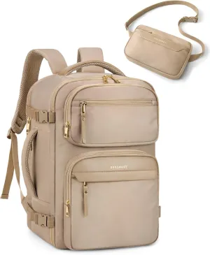 BAGSMART Womens Backpack Carry On Flight Approved, Travel Backpack for Women with Waist Bag,Traveling Lightweight Weekender Casual Daypack 17.3" Laptop Work Back pack Personal Item Bag,Champagne