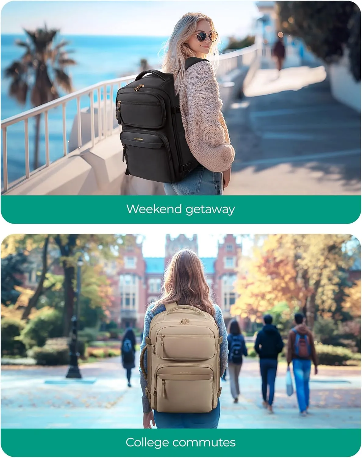 BAGSMART Womens Backpack Carry On Flight Approved, Travel Backpack for Women with Waist Bag,Traveling Lightweight Weekender Casual Daypack 17.3" Laptop Work Back pack Personal Item Bag,Champagne