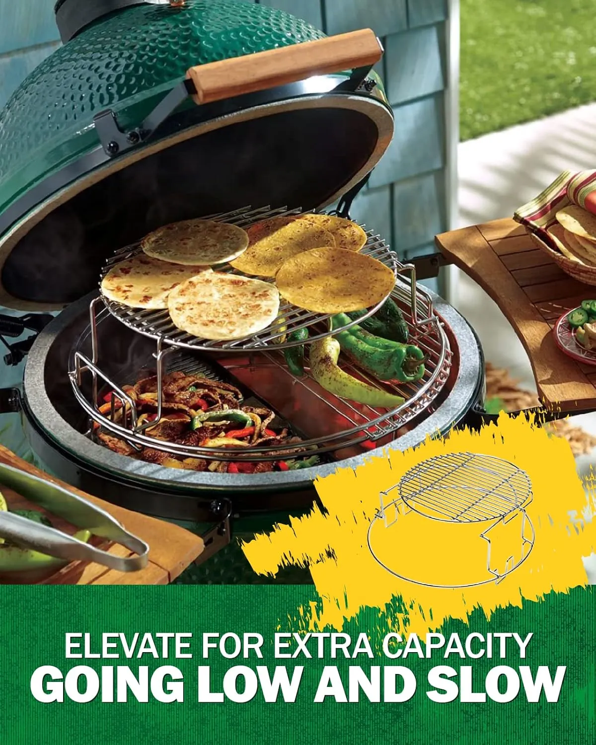 BBQ Expander Rack Kit, Large Green Egg Grill Accessories - BGE Kamado Grill Parts Includes 2-Piece Multi-Function Rack, 1-Piece Conveggtor Basket, 2 Half-Moon Cooking Grids, Heavy-Duty Stainless Steel