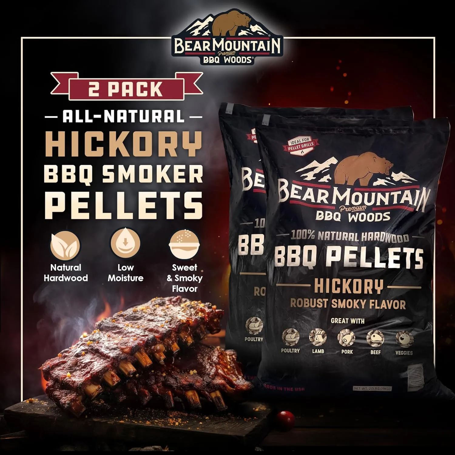 Bear Mountain 2-Pack All Natural Wood Pellets for Smoker, Grill & BBQ, 20 Lbs, Hickory - Premium Hardwood Barbecue Pellets for Indoor and Outdoor Grilling