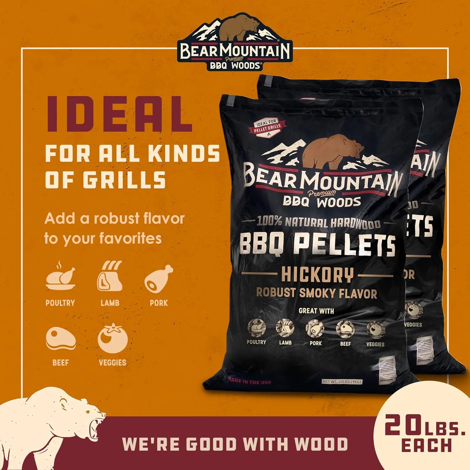 Bear Mountain 2-Pack All Natural Wood Pellets for Smoker, Grill & BBQ, 20 Lbs, Hickory - Premium Hardwood Barbecue Pellets for Indoor and Outdoor Grilling