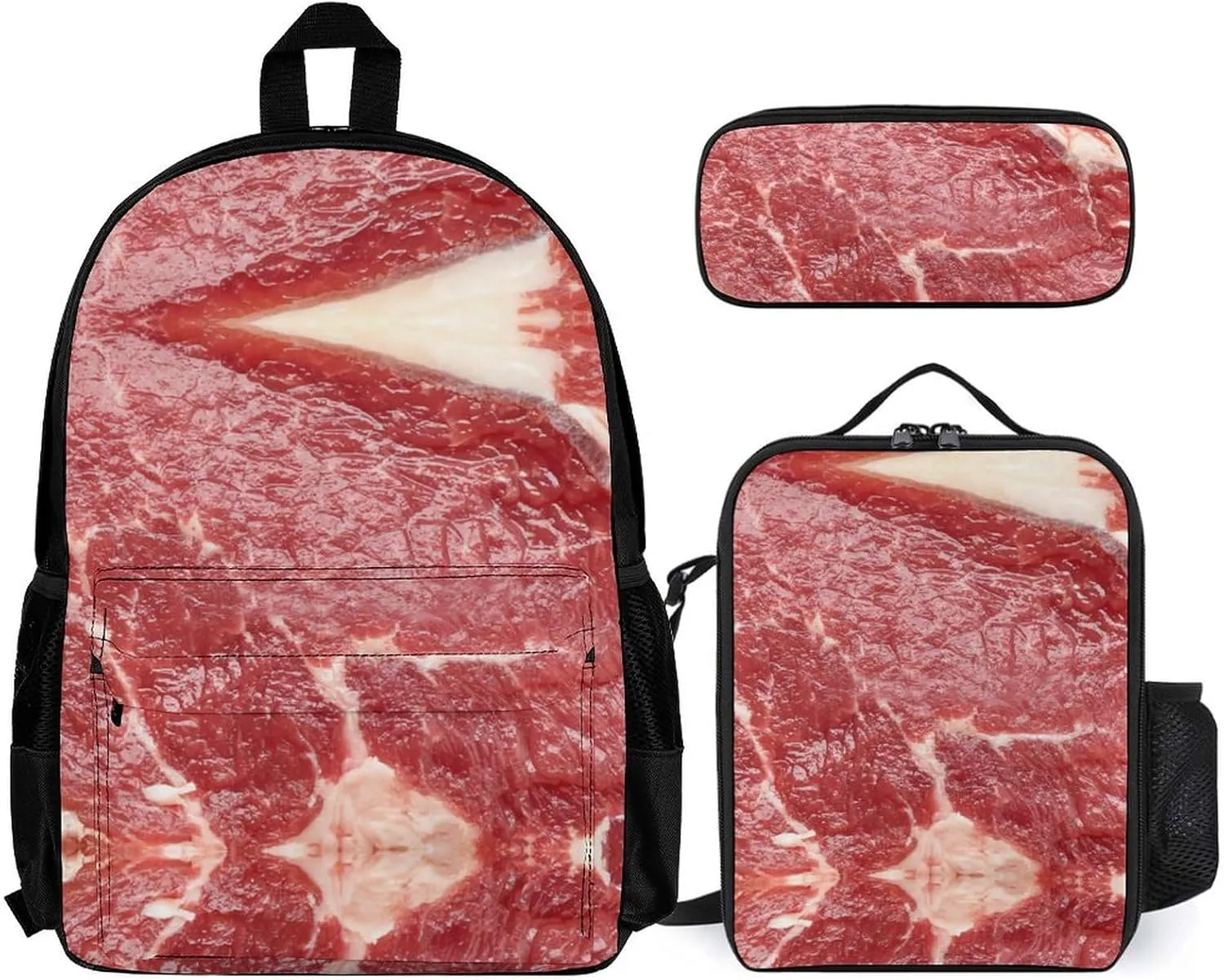 Beef Meat Fashionable Printed Backpack, Lightweight And Large Capacity with Insulated Lunch Bag And Pencil Case