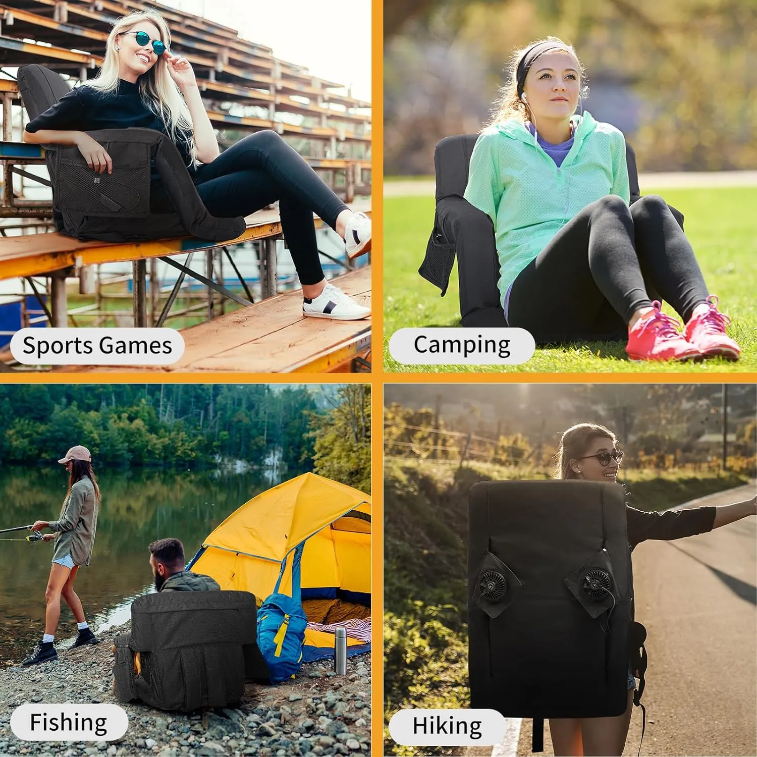 Begonia.K Cooling Fan Stadium Seat for Bleacher with Back Support, Portable and Lightweight Cooling Bleacher Seat with Backrest, 5 Reclining Positions, 5 Levels of Wind for Outdoor Sports Camping
