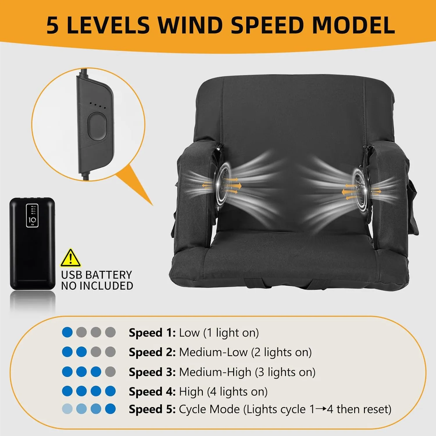 Begonia.K Cooling Fan Stadium Seat for Bleacher with Back Support, Portable and Lightweight Cooling Bleacher Seat with Backrest, 5 Reclining Positions, 5 Levels of Wind for Outdoor Sports Camping