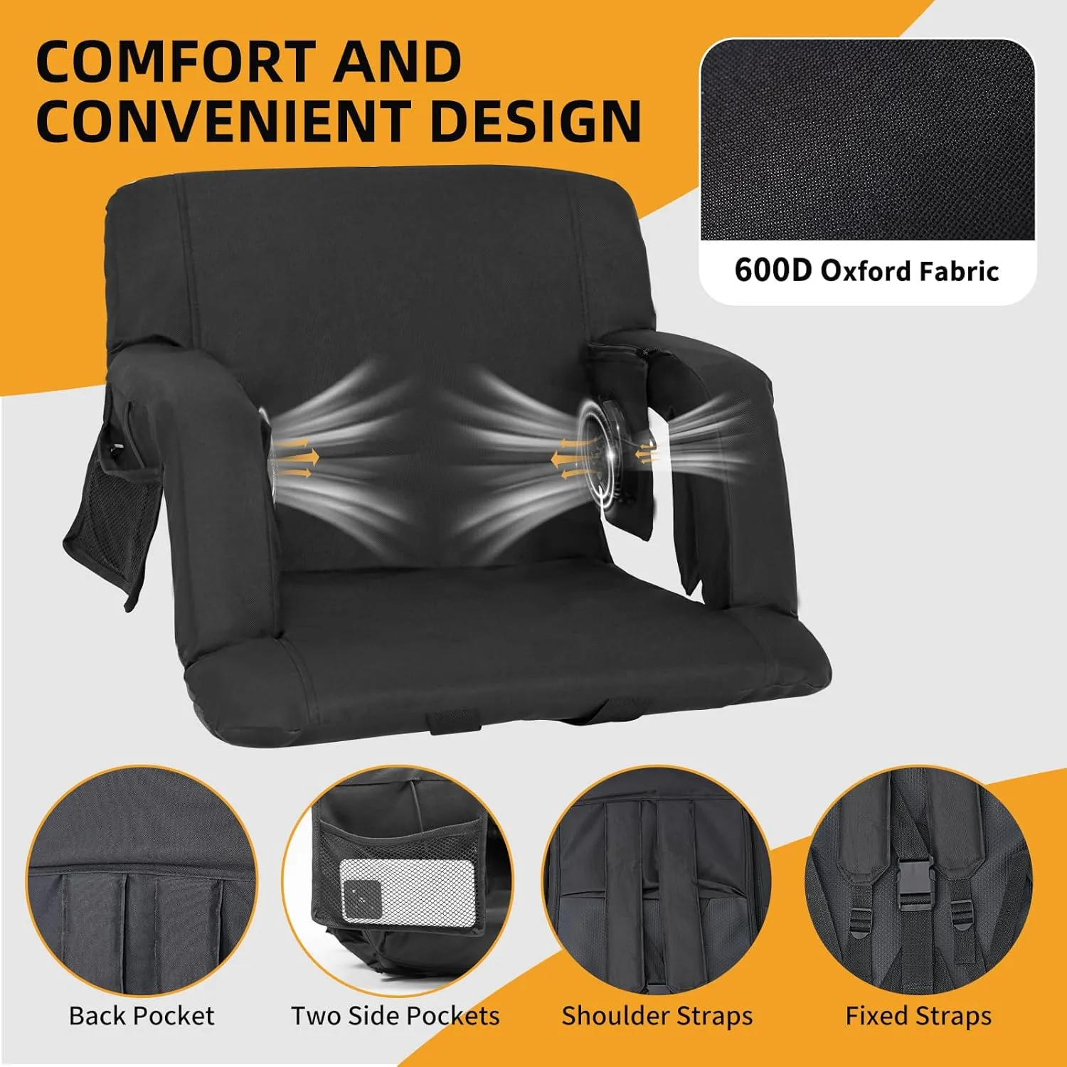 Begonia.K Cooling Fan Stadium Seat for Bleacher with Back Support, Portable and Lightweight Cooling Bleacher Seat with Backrest, 5 Reclining Positions, 5 Levels of Wind for Outdoor Sports Camping