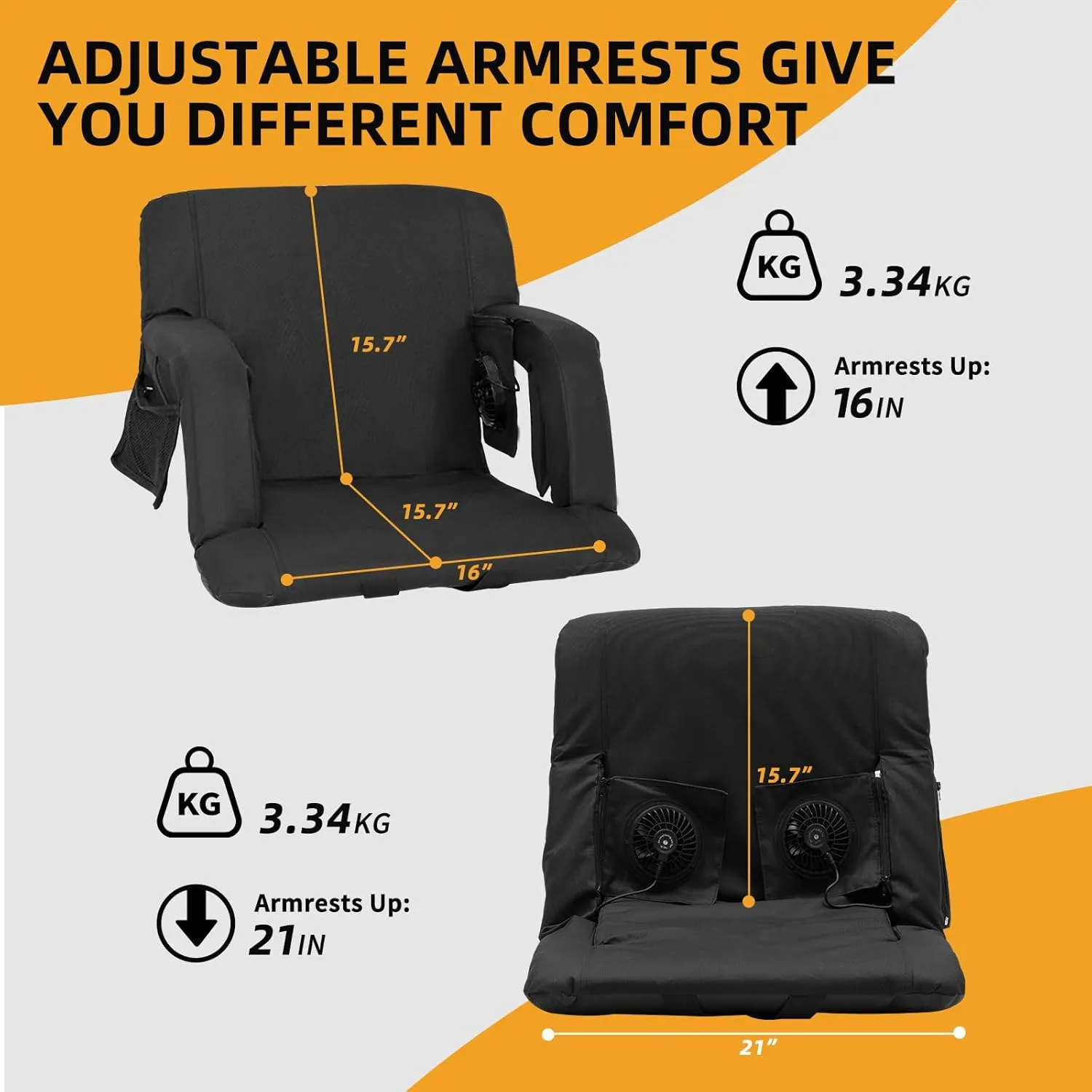 Begonia.K Cooling Fan Stadium Seat for Bleacher with Back Support, Portable and Lightweight Cooling Bleacher Seat with Backrest, 5 Reclining Positions, 5 Levels of Wind for Outdoor Sports Camping