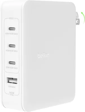 Belkin 140W 4-Port GaN Wall Charger, Multi-Port Charger USB-C Power Delivery Fast Charge & USB-A Port for MacBook, iPhone 16, iPad Pro, Samsung Galaxy S25, Google Pixel, Nintendo Switch 2 & More