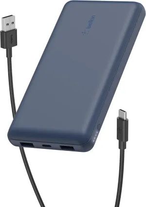 Belkin Portable Charger, USB-C Power Bank 20,000mAh w/ 2 USB-A Ports, 15W w/ Type-A to Type-C Cable for iPhone 16, 15, Plus, Pro, Pro Max, Samsung Galaxy S25, S24, Pixel 9, iPad, & More - Blue