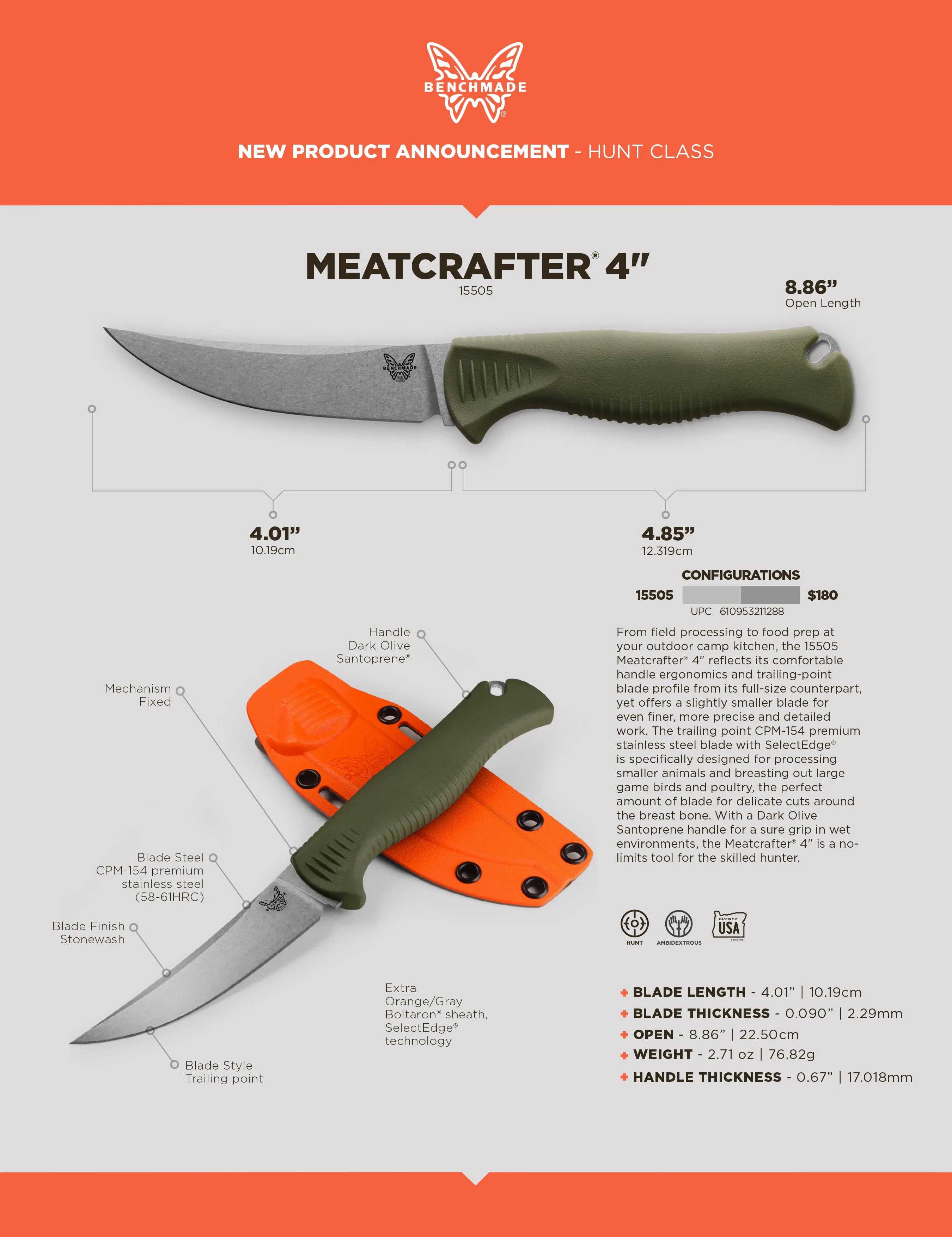 Benchmade 15505 Meatcrafter Dark Olive Santoprene 4.01" Fixed Blade Knife
