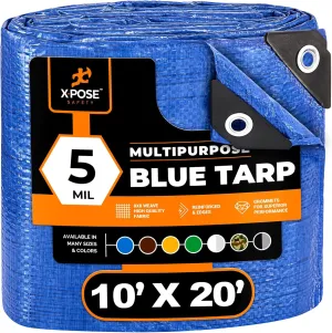 Better Blue Poly Tarp 10' x 20' - Multipurpose Protective Cover - Lightweight, Durable, Waterproof, Weather Proof - 5 Mil Thick Polyethylene - by Xpose Safety