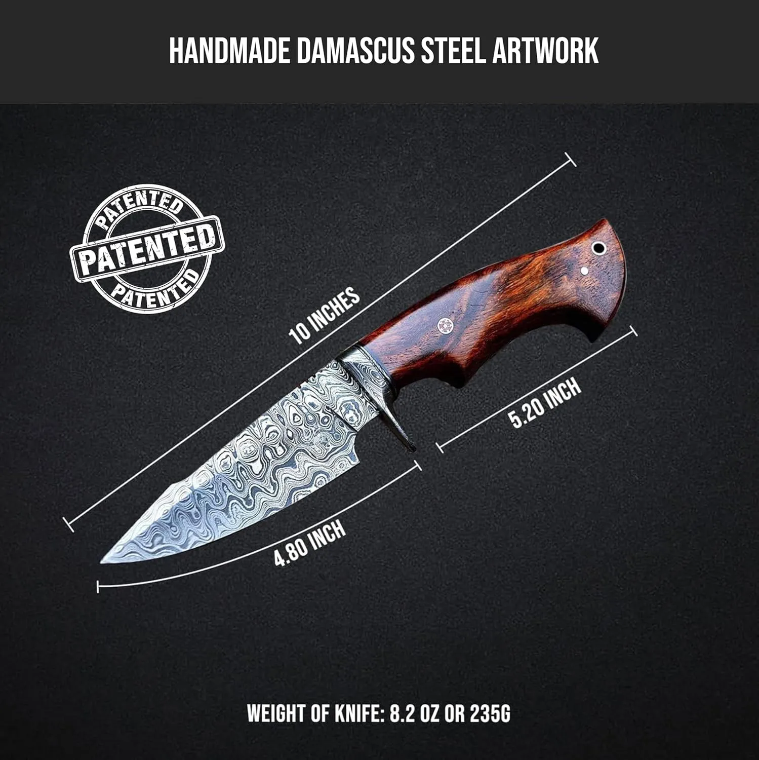 BIGCAT ROAR 10″ PATENTED Handmade Damascus Hunting Knife with Leather Sheath - Ideal for Skinning, Camping, Outdoor - EDC Fixed Blade Bushcraft Knife with Walnut Wood Handle - Predator Hunter