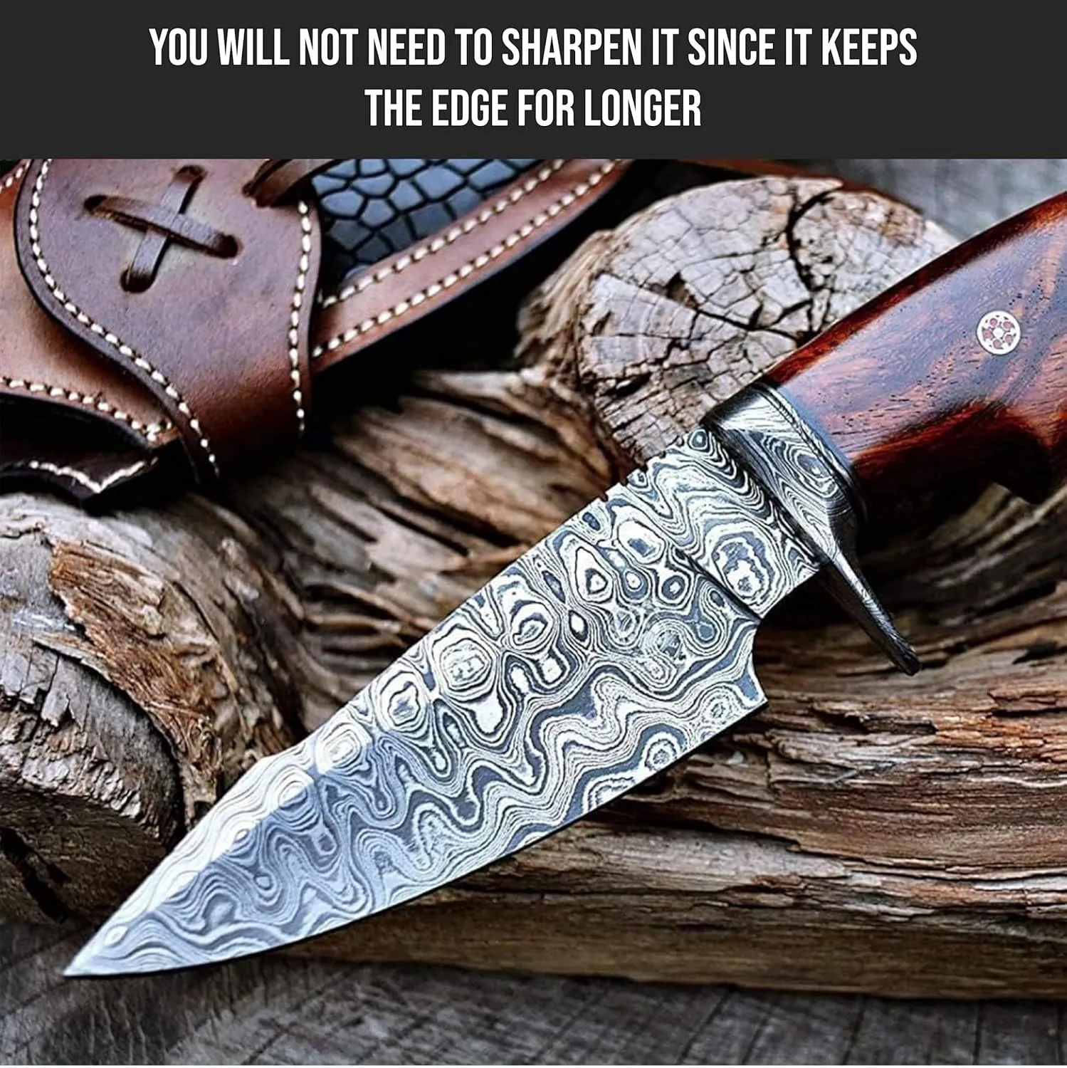 BIGCAT ROAR 10″ PATENTED Handmade Damascus Hunting Knife with Leather Sheath - Ideal for Skinning, Camping, Outdoor - EDC Fixed Blade Bushcraft Knife with Walnut Wood Handle - Predator Hunter