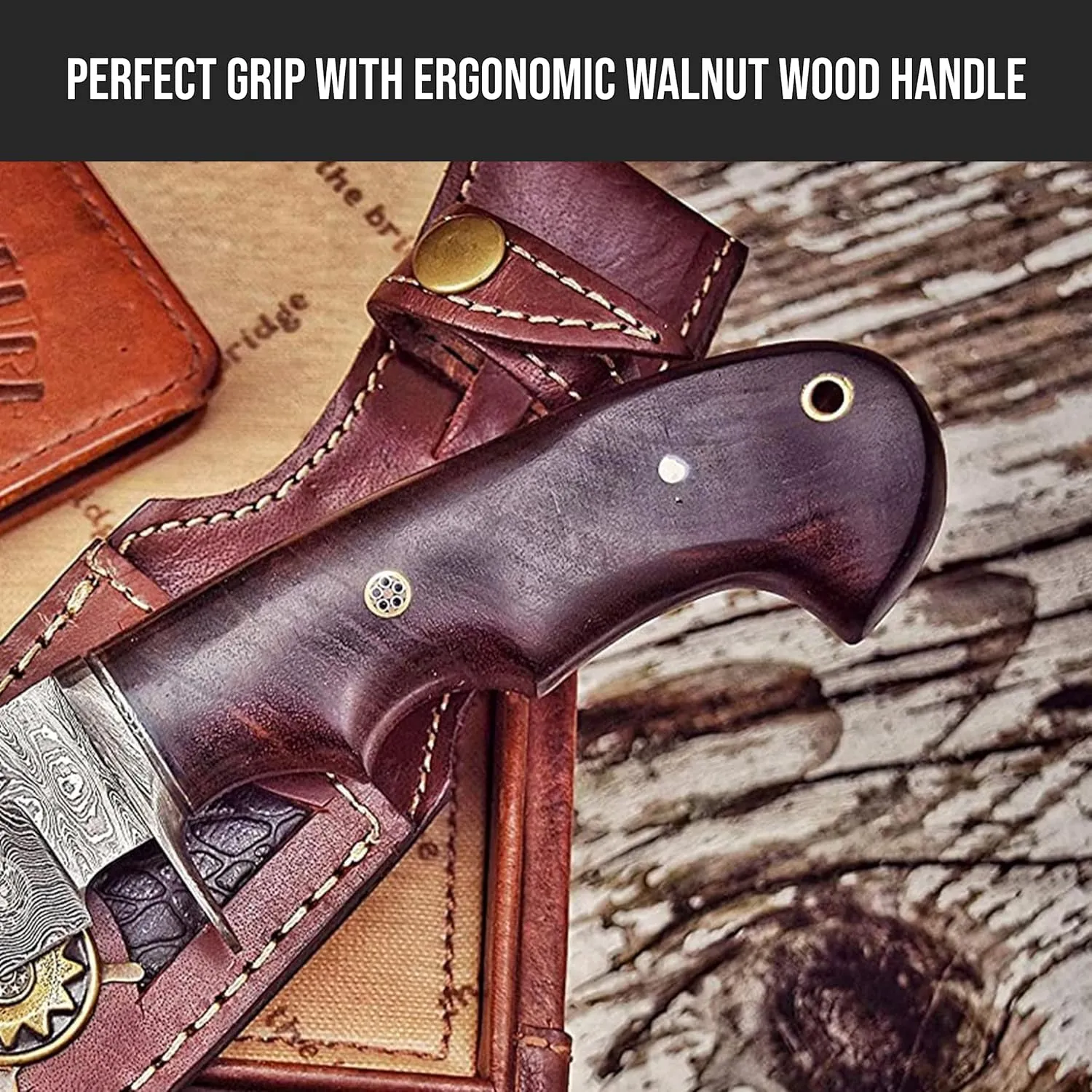 BIGCAT ROAR Handmade Damascus Hunting Knife - Bushcraft Fixed Blade Hunting Knife with Sheath and Walnut Wood Handle - 10″ EDC Skinning Knife - Deer Hunter