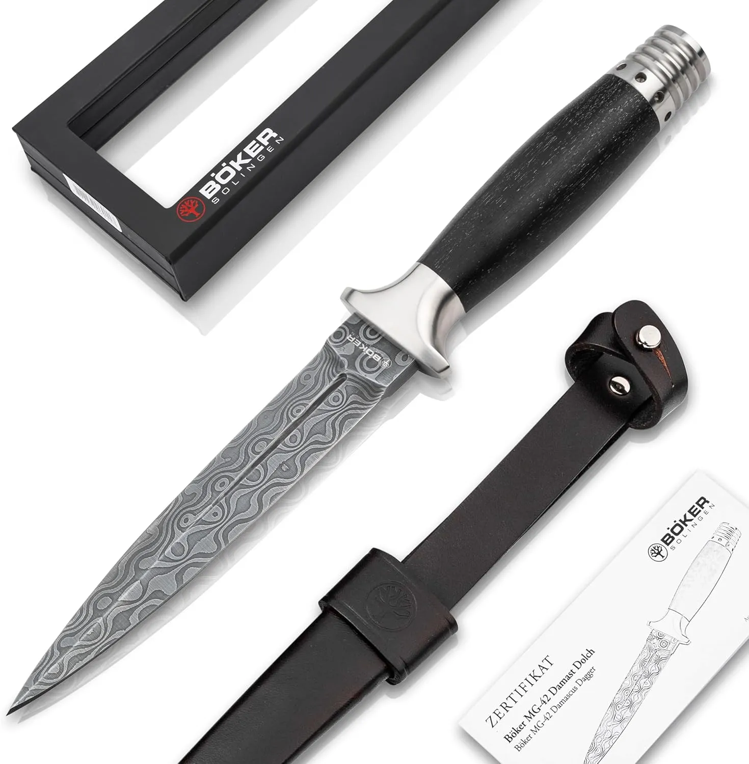 Böker Solingen® Damascus Dagger MG-42 - double-edged dagger knife with leather sheath - Fixed Blade - small military - made of historic MG-42 steel - extra sharp combat