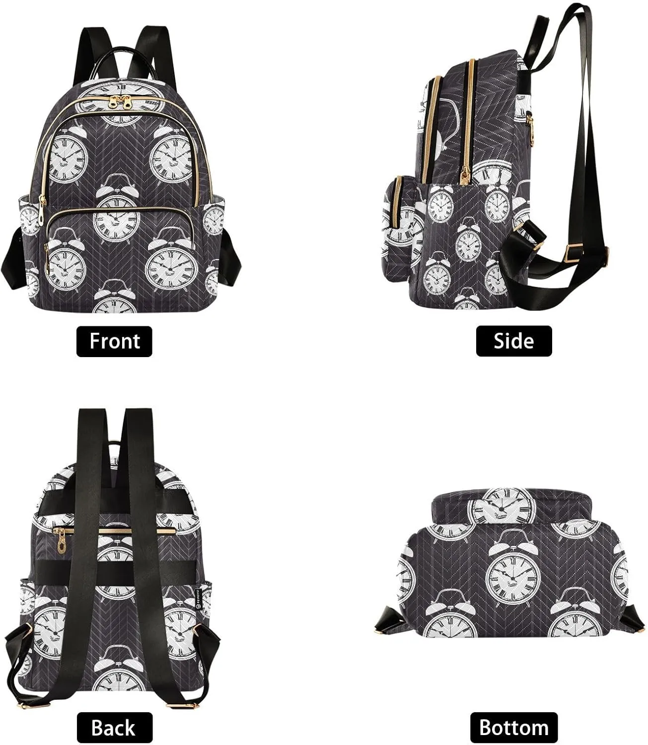Black Stripes Alarm Clocks Backpack Purse for Women Shoulder Bag Fashion Daypack Ladies Handbag Lightweight Travel Bag Rucksack