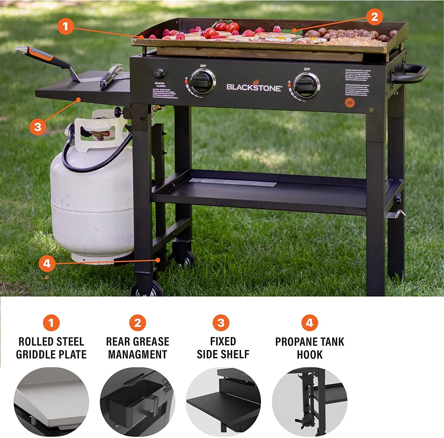 Blackstone Flat Top Gas Grill Griddle 2 Burner Propane Fuelled Rear Grease Management System, 1517, Outdoor Griddle Station for Camping, 28 Inch