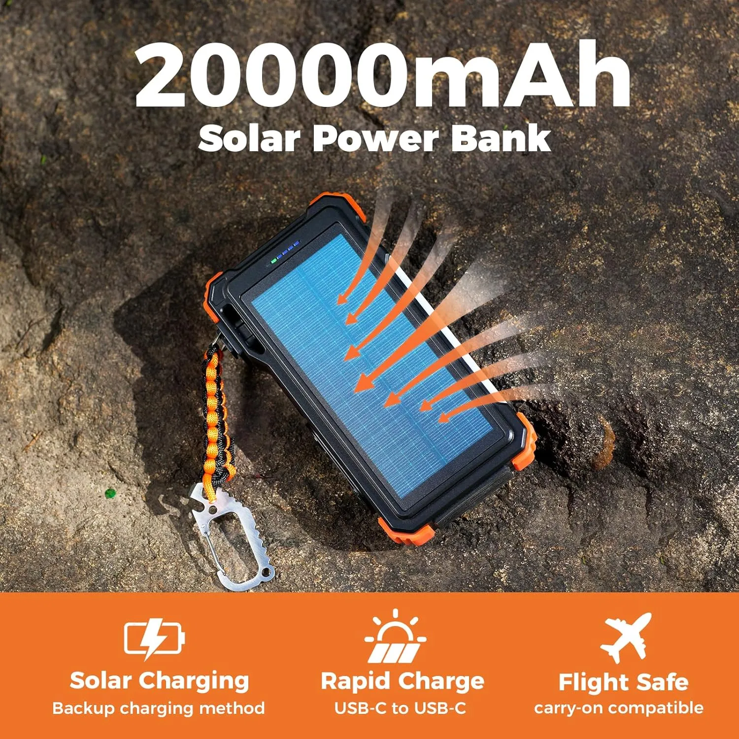 BLAVOR Solar Charger 20000mAh Built-in Cables, 20W Fast Charging Portable Power Bank with USB C, Camping Light, Flashlight, Battery Pack for iPhone 16 15 14 13 12 11, iPad, Samsung, Apple Watch