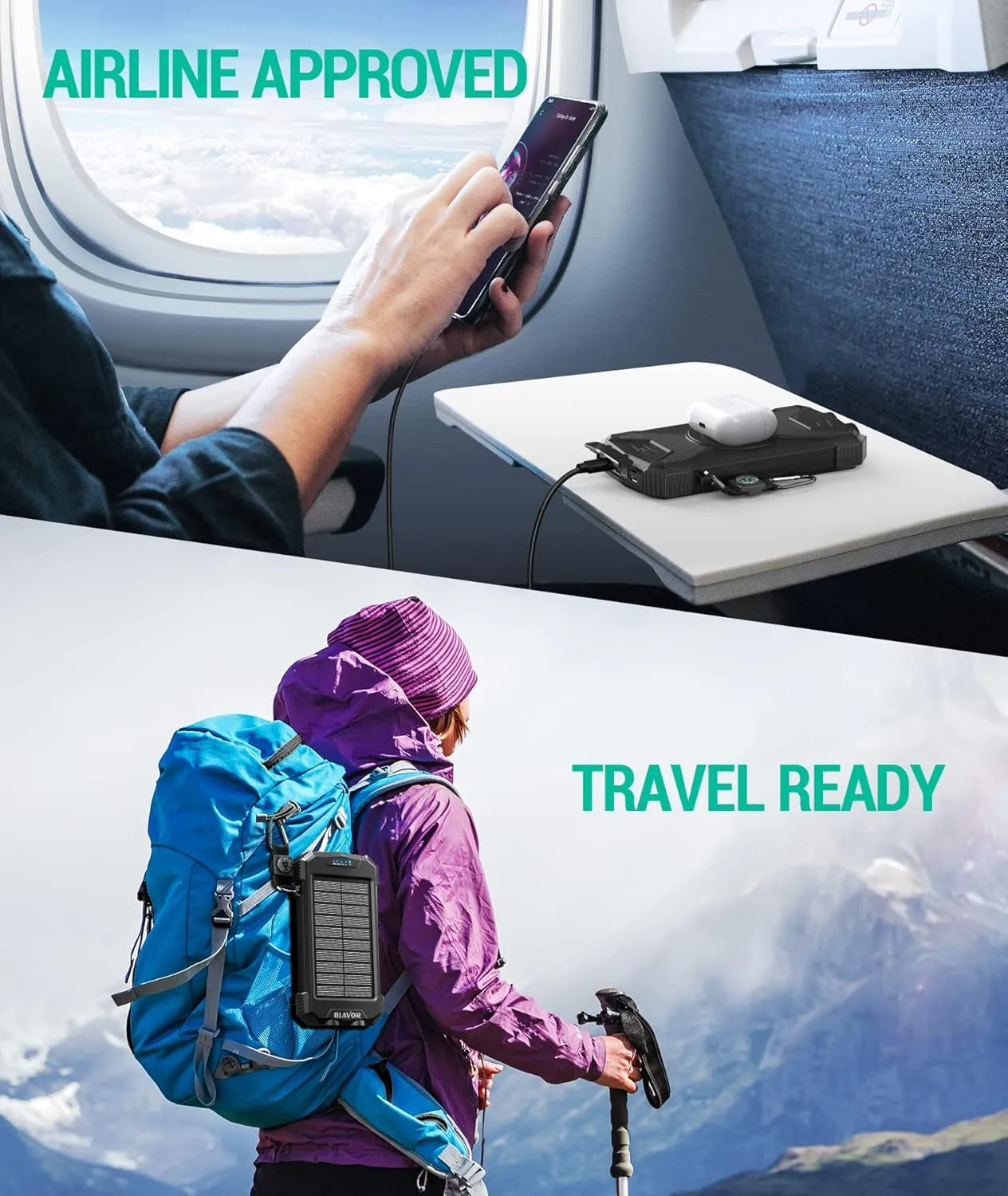 BLAVOR Solar Charger Power Bank 10,000Mah, Portable Wireless Charger, 20W Fast Charging External Battery Pack with USB C for Cell Phones, Solar Panel Charger with Dual Flashlight for Camping