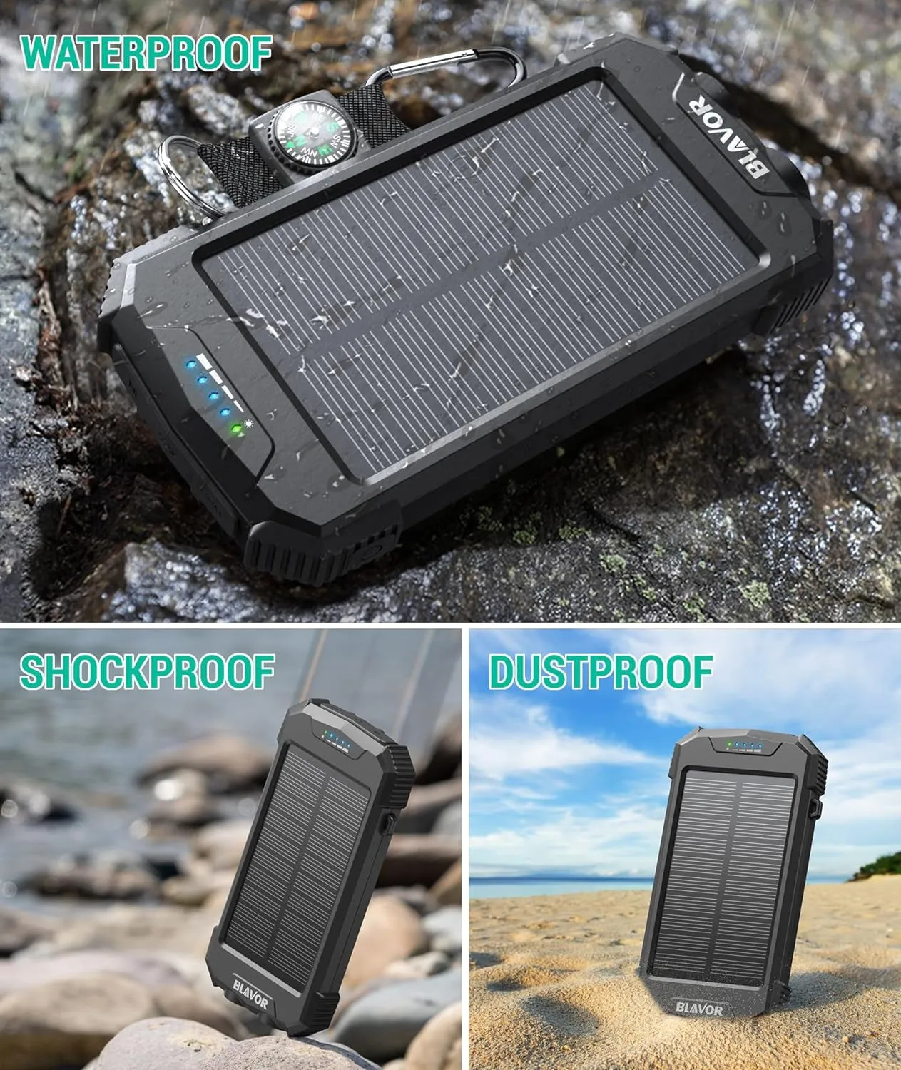 BLAVOR Solar Charger Power Bank 10,000Mah, Portable Wireless Charger, 20W Fast Charging External Battery Pack with USB C for Cell Phones, Solar Panel Charger with Dual Flashlight for Camping