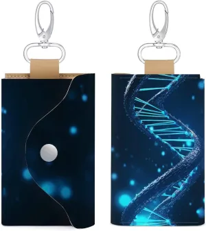 Blue DNA Structure Key Case Unisex Leather Car Key Case with 6 Metal Hooks And Keyring, Waterproof Portable Wallet, Vintage Small Keychain Suitable for Business Trips Travel