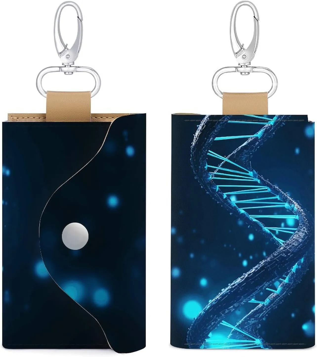 Blue DNA Structure Key Case Unisex Leather Car Key Case with 6 Metal Hooks And Keyring, Waterproof Portable Wallet, Vintage Small Keychain Suitable for Business Trips Travel