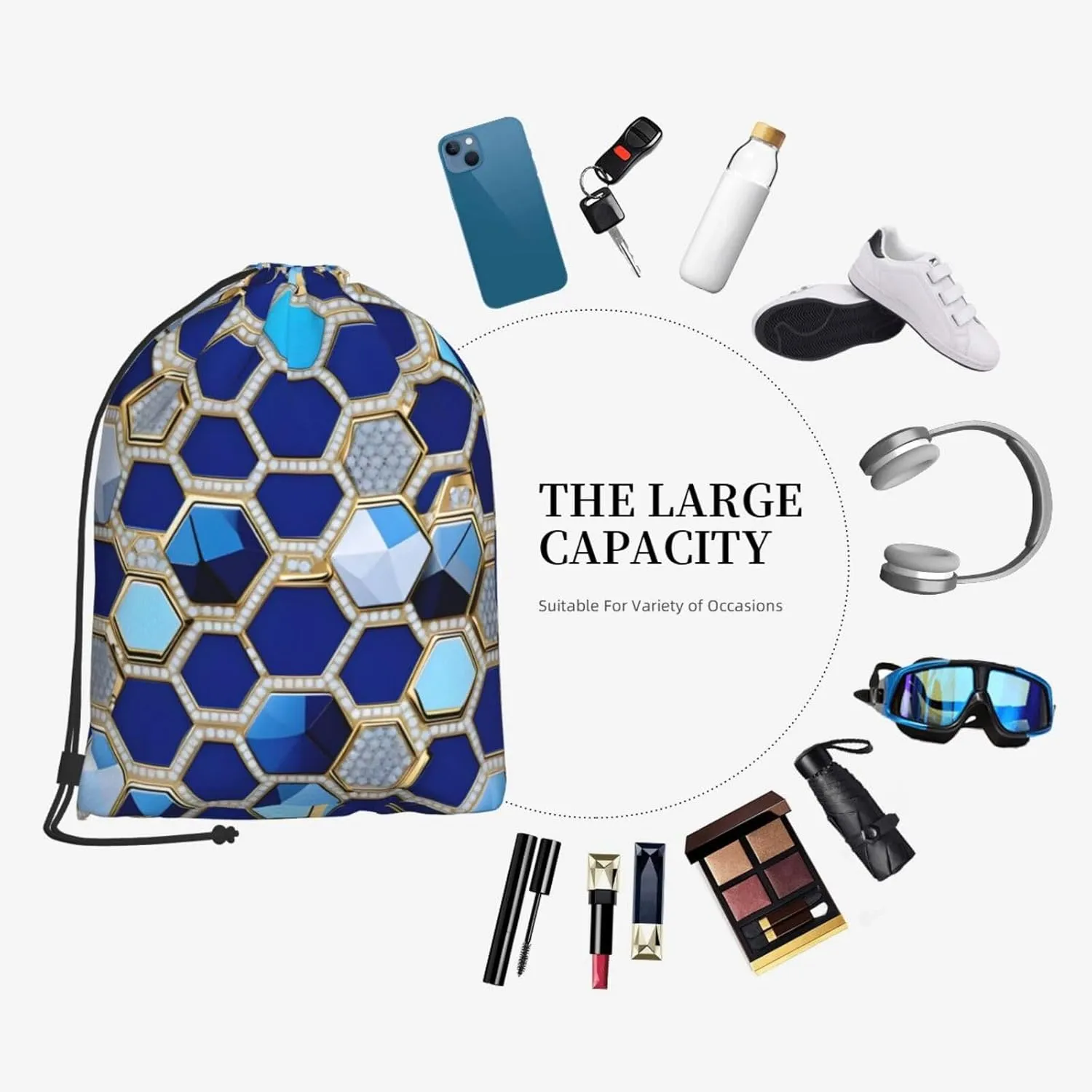 Blue Hexagons And Diamond Drawstring Backpack String Cinch Bag Polyester Sackpack For Fitness Training Workout