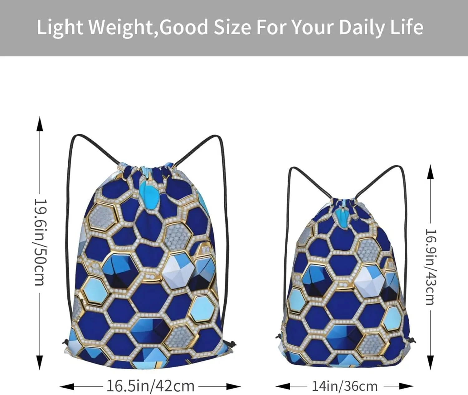 Blue Hexagons And Diamond Drawstring Backpack String Cinch Bag Polyester Sackpack For Fitness Training Workout