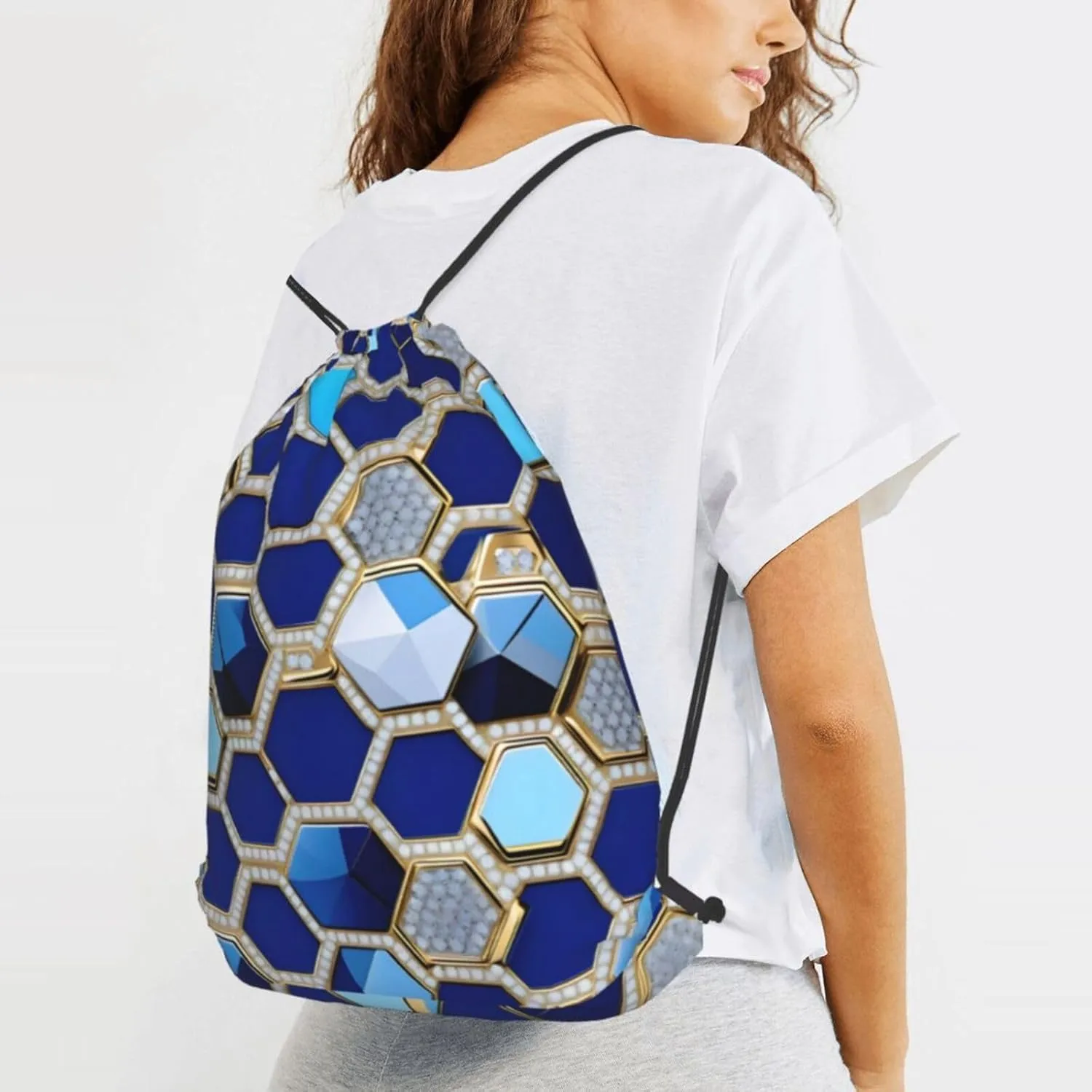Blue Hexagons And Diamond Drawstring Backpack String Cinch Bag Polyester Sackpack For Fitness Training Workout
