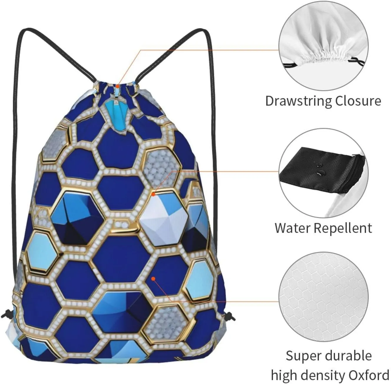 Blue Hexagons And Diamond Drawstring Backpack String Cinch Bag Polyester Sackpack For Fitness Training Workout