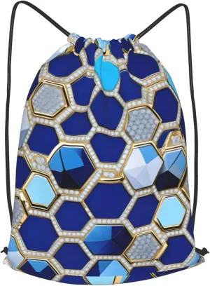 Blue Hexagons And Diamond Drawstring Backpack String Cinch Bag Polyester Sackpack For Fitness Training Workout