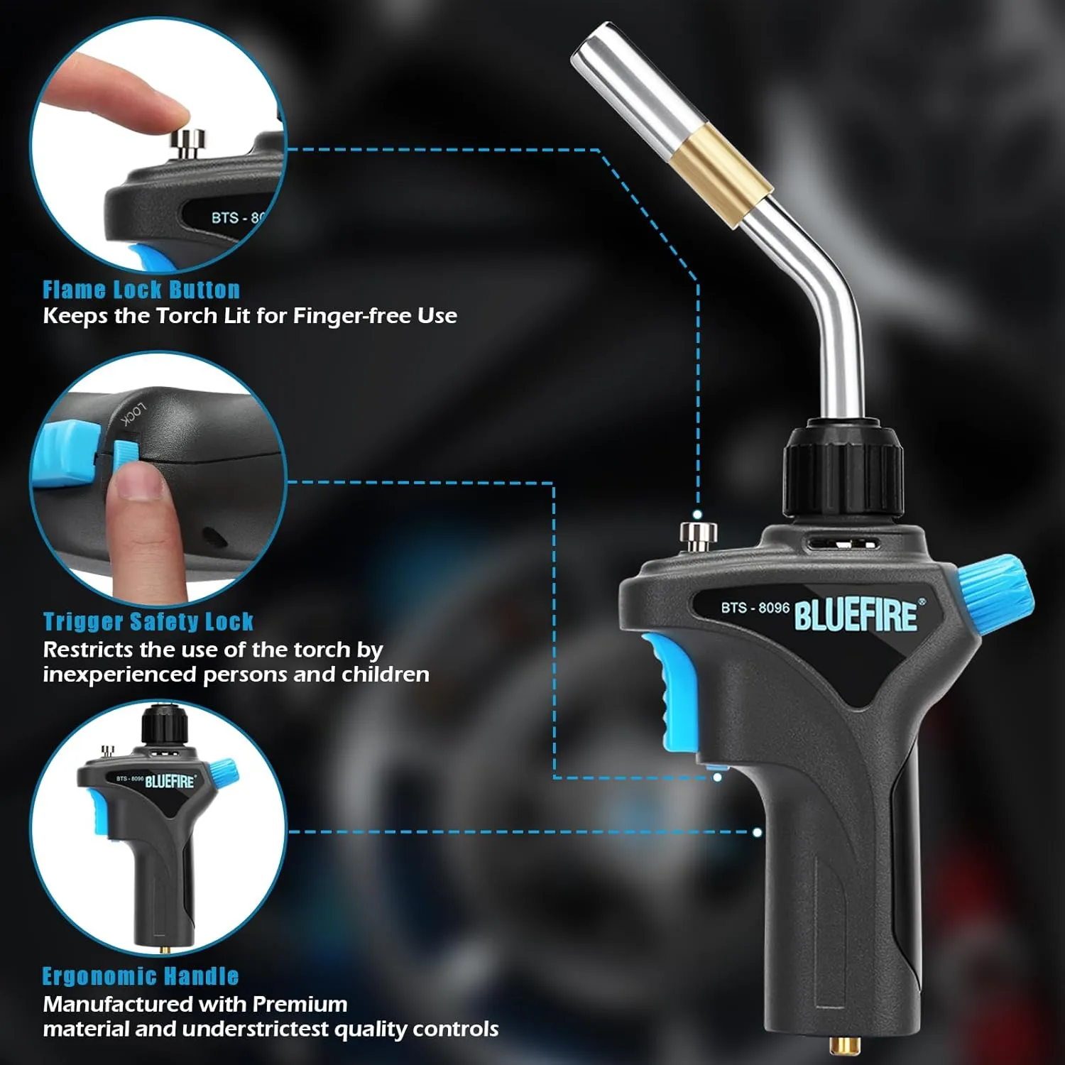 BLUEFIRE Metal Handle High Intensity Gas Welding Torch Head,Fuel by MAPP MAP PRO Propane, Professional Grade Auto Trigger Start Nozzle For Plumbing,HVAC,Soldering Brazing, Heavy Duty (Swirl Torch)