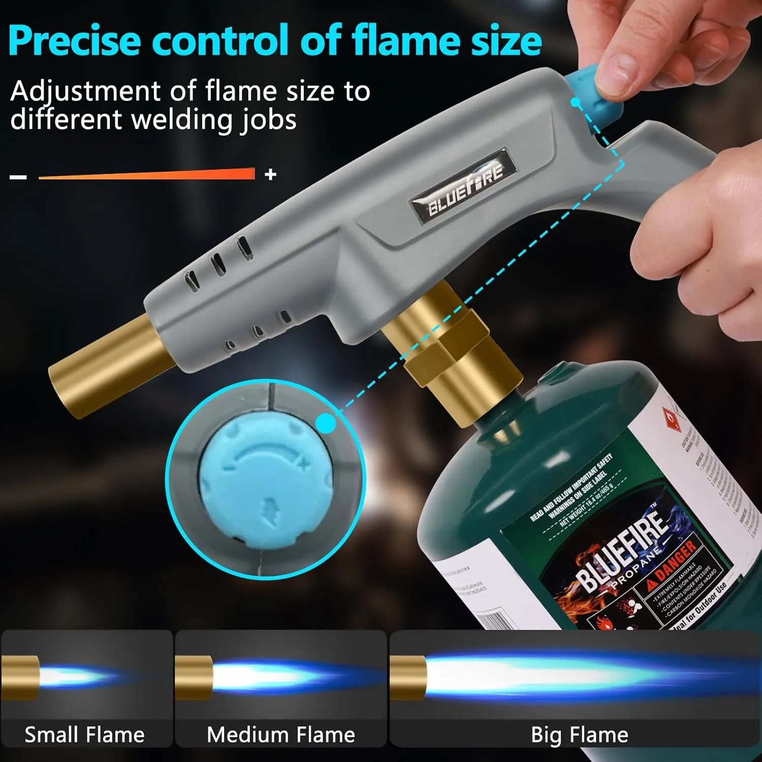 BLUEFIRE Powerful Propane Torch Head, Trigger Start Mapp Gas Turbo Torch Map Gas Cooking Torch Kit with Adjust Flame, Grill Gun Torch for Cooking Soldering Welding brazing Fuel by MAPP, MAP/PRO