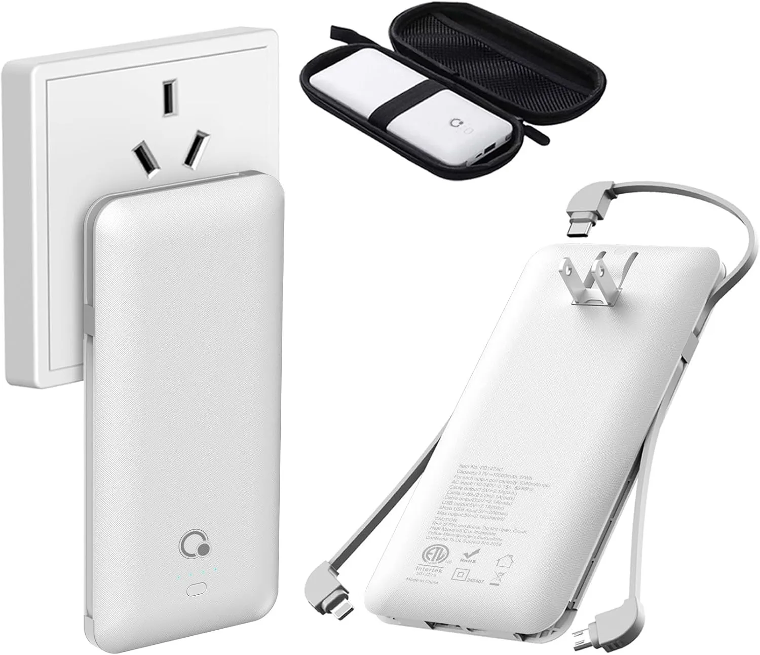 Brand Q Portable Charger with Built-in Cables and AC Wall Plug,Slim USB C Power Bank 10000mAh,External Battery Pack Compatible with iPhone,Samsung,Tablet and All Smart Phones …