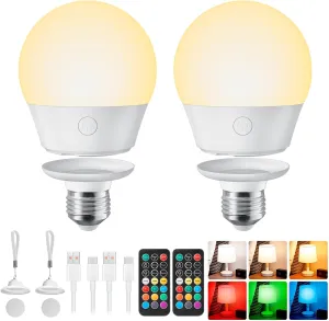 Brightown E26 Rechargeable Light Bulb with Remote and Timer, Battery Backup Bulb for Sconces and Lamps, Magnetic Bulbs for Non-Hardwired Fixture, 3 Color Temperatures   9 RGB Colors, Dimmable, 2 Pack