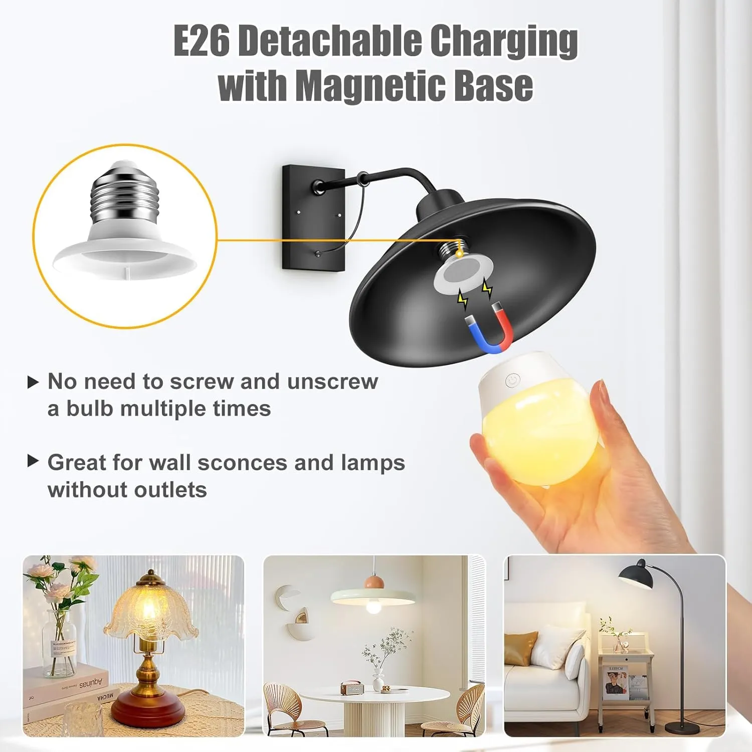 Brightown E26 Rechargeable Light Bulb with Remote and Timer, Battery Backup Bulb for Sconces and Lamps, Magnetic Bulbs for Non-Hardwired Fixture, 3 Color Temperatures   9 RGB Colors, Dimmable, 2 Pack