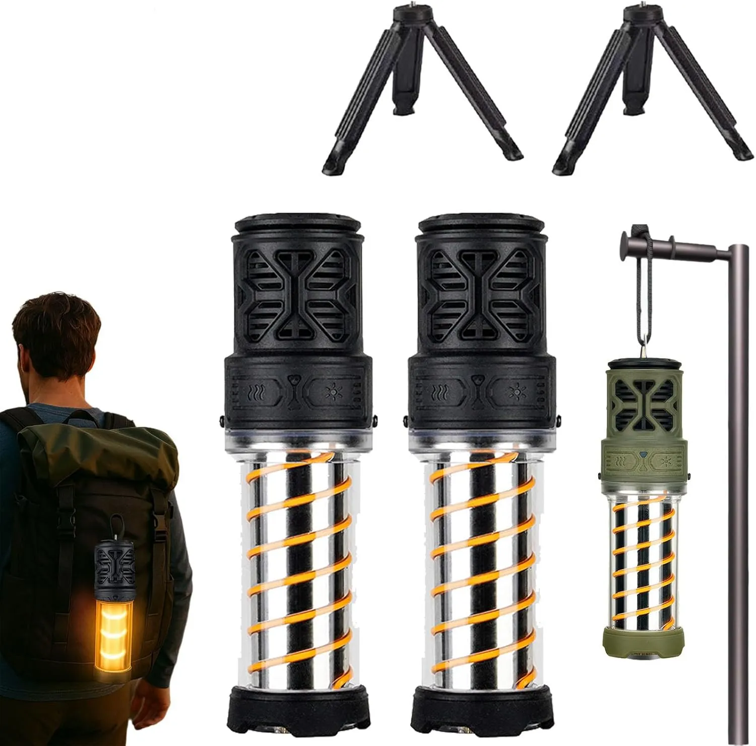 Buzz Defense Portable, BuzzDefense Portable Integrated Camping Light, IPX5 Waterproof Emergency Light with Tripod, 3000mAh Powerful Battery, Five Adjustable Levels, for Indoor,Outdoor,Picnic (2*Black)