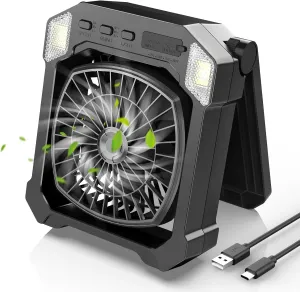 Camping Fan Solar Powered, Portable Solar Fan 10000mAh USB Rechargeable Battery Operated with Light, Quiet Outdoor Fans for Tent, RV, Emergency, Hiking, Power Outage, Desk, Greenhouse, Survival Kit