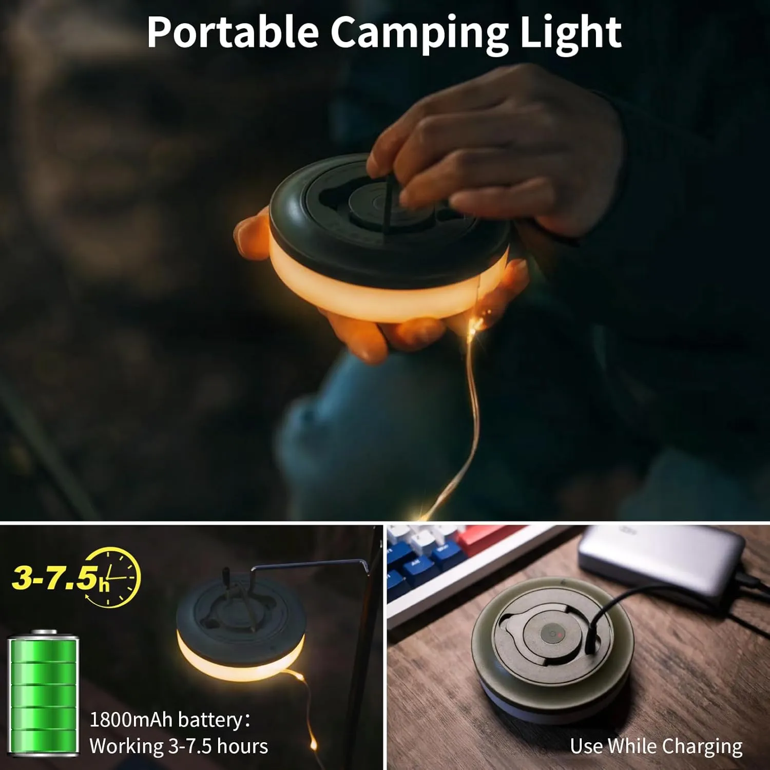 Camping String Lights,HAMLITE 65.6Ft Camping Lights with 5 Lighting Modes, Quick 30s Recovery, Waterproof USB Charging Light, Rechargeable Outdoor String Lights for Camping Hiking Yard Christmas decor