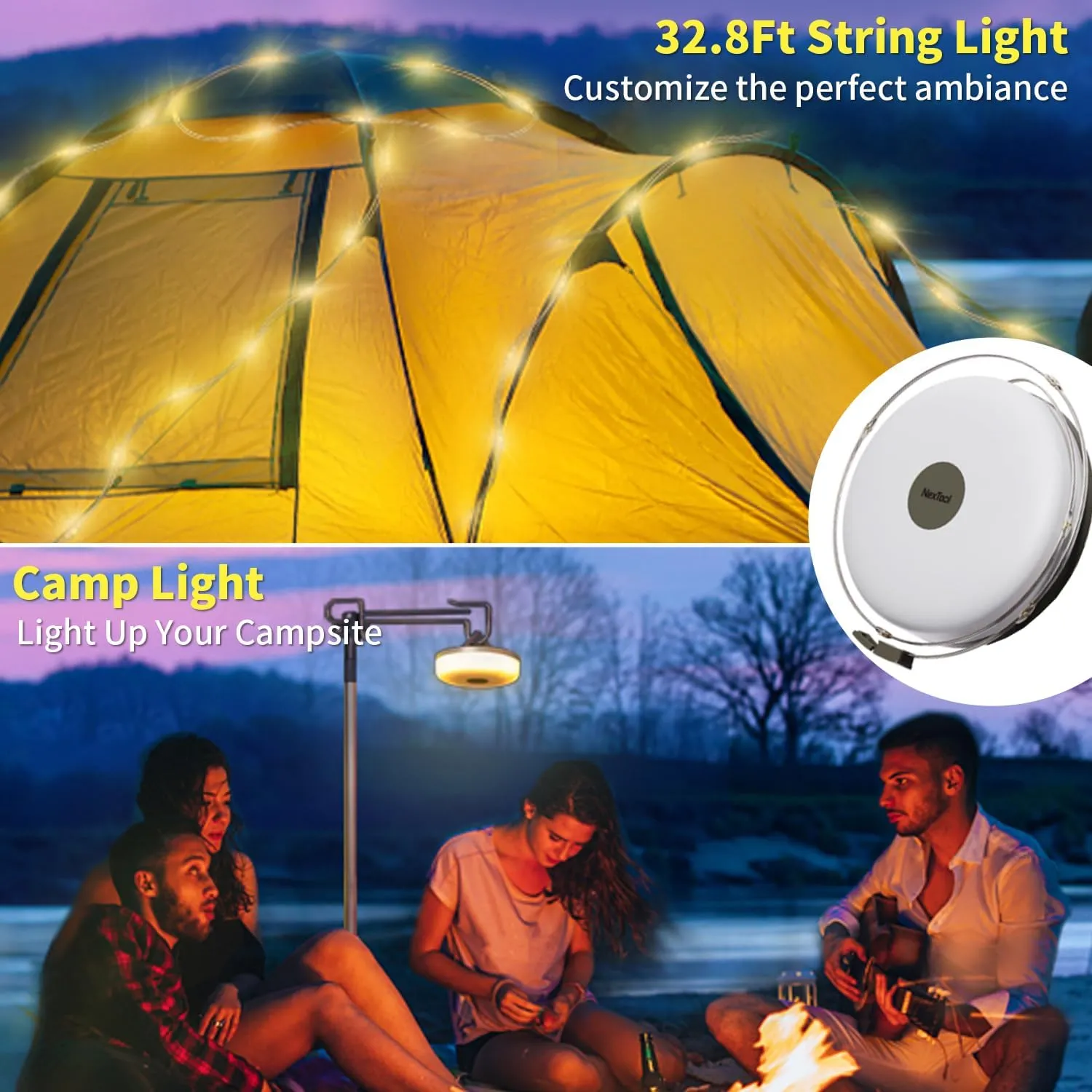 Camping String Lights,HAMLITE 65.6Ft Camping Lights with 5 Lighting Modes, Quick 30s Recovery, Waterproof USB Charging Light, Rechargeable Outdoor String Lights for Camping Hiking Yard Christmas decor
