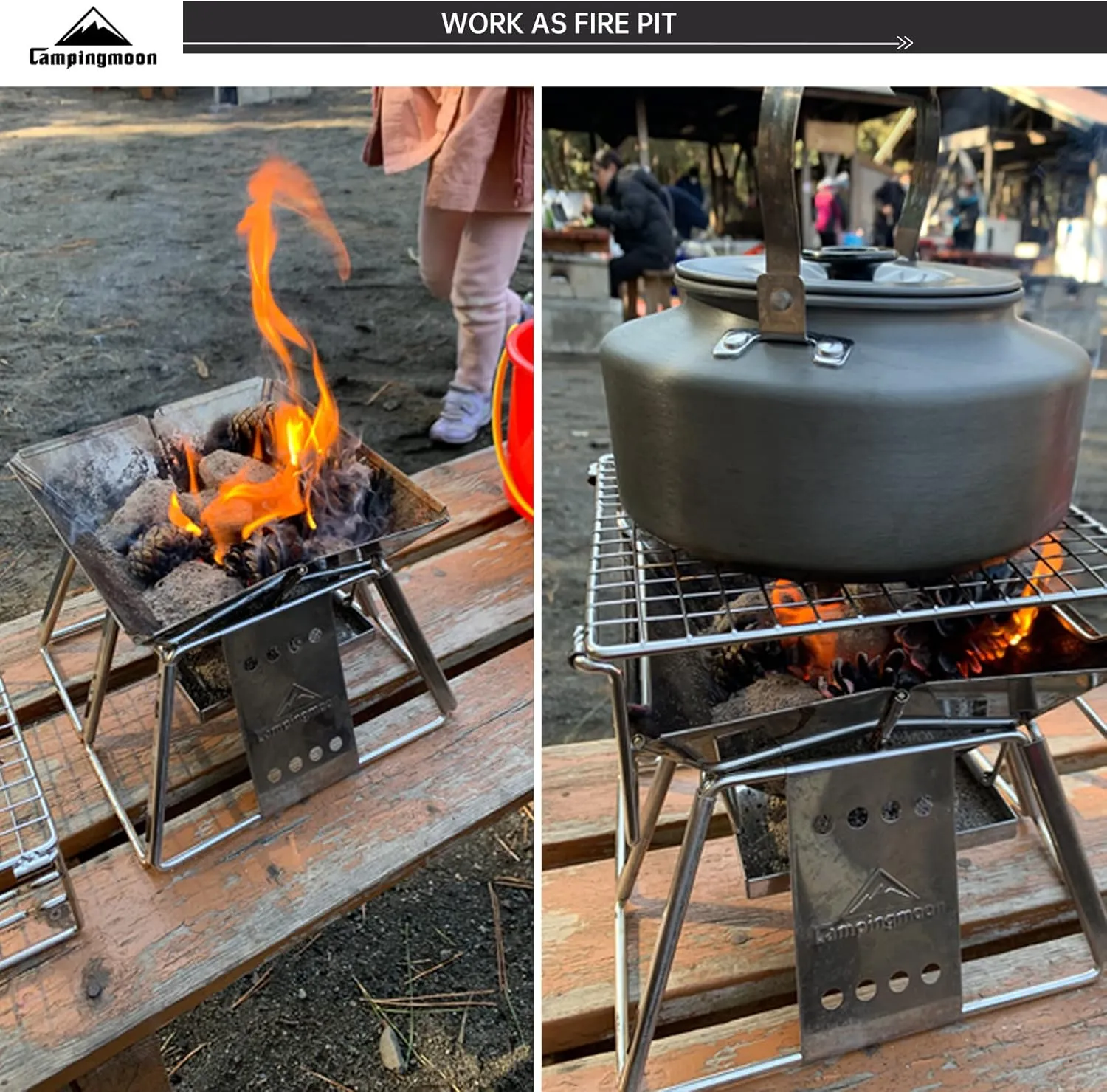 Campingmoon Portable Camping Fire Pit Campfire Grill,Folding Stainless Steel BBQ Grill for Outdoor Camp Travel Garden Cooking Picnic 1-2 People with Carrying Bag